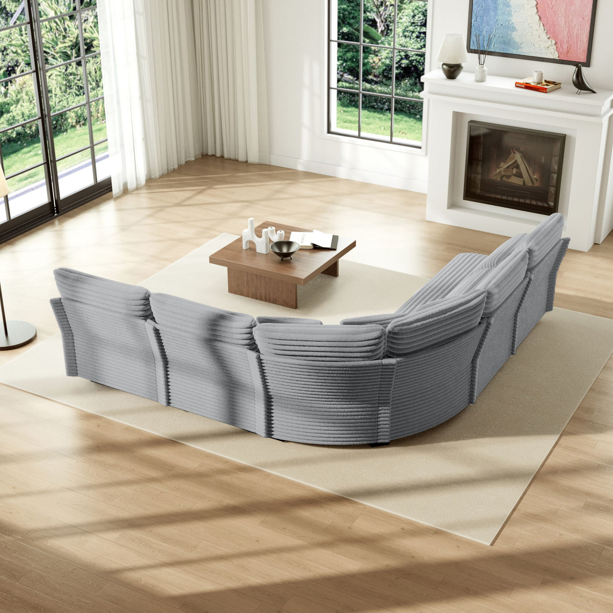 5 Seater L Shaped Sectional Sofa With Curved Corner, 7 Pillows