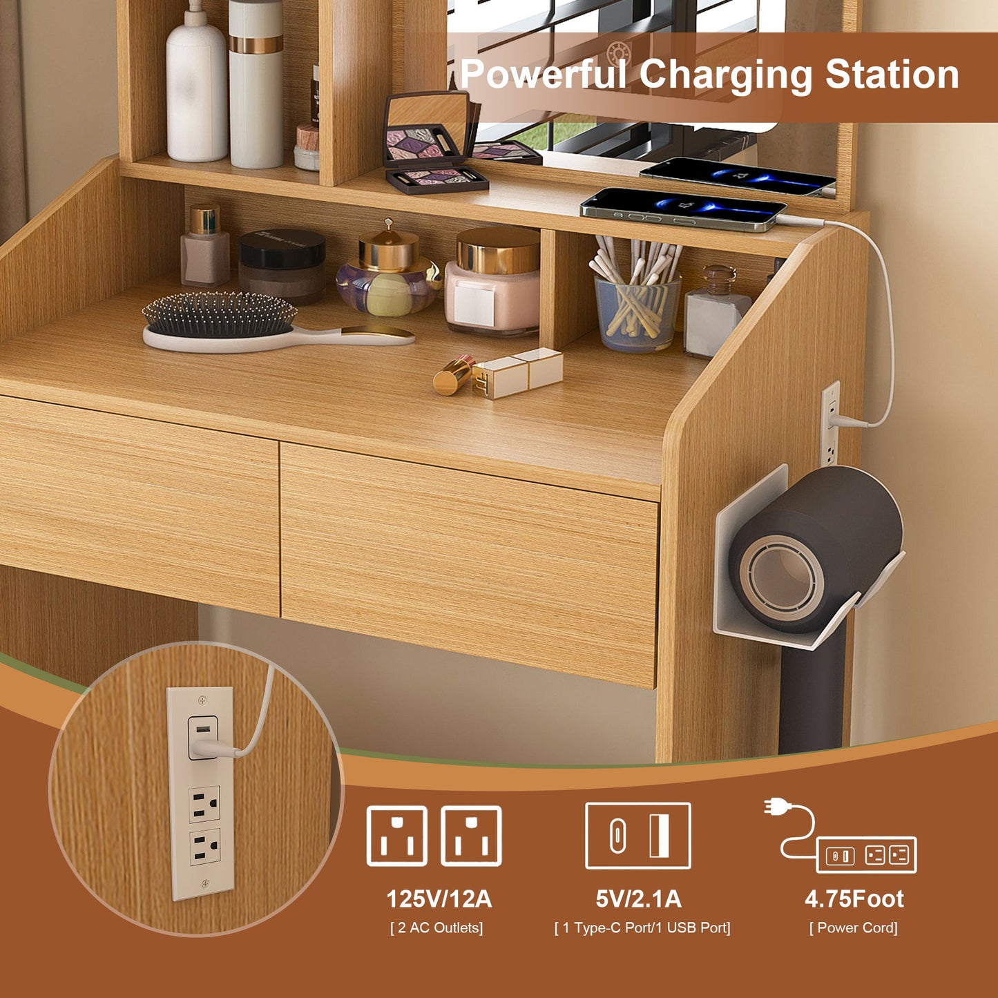 Vanity Table With LED Mirror, Power Outlet, Hairdryer Holder & Padded Stool, Compact Dressing Desk For Small Bedrooms - Wood