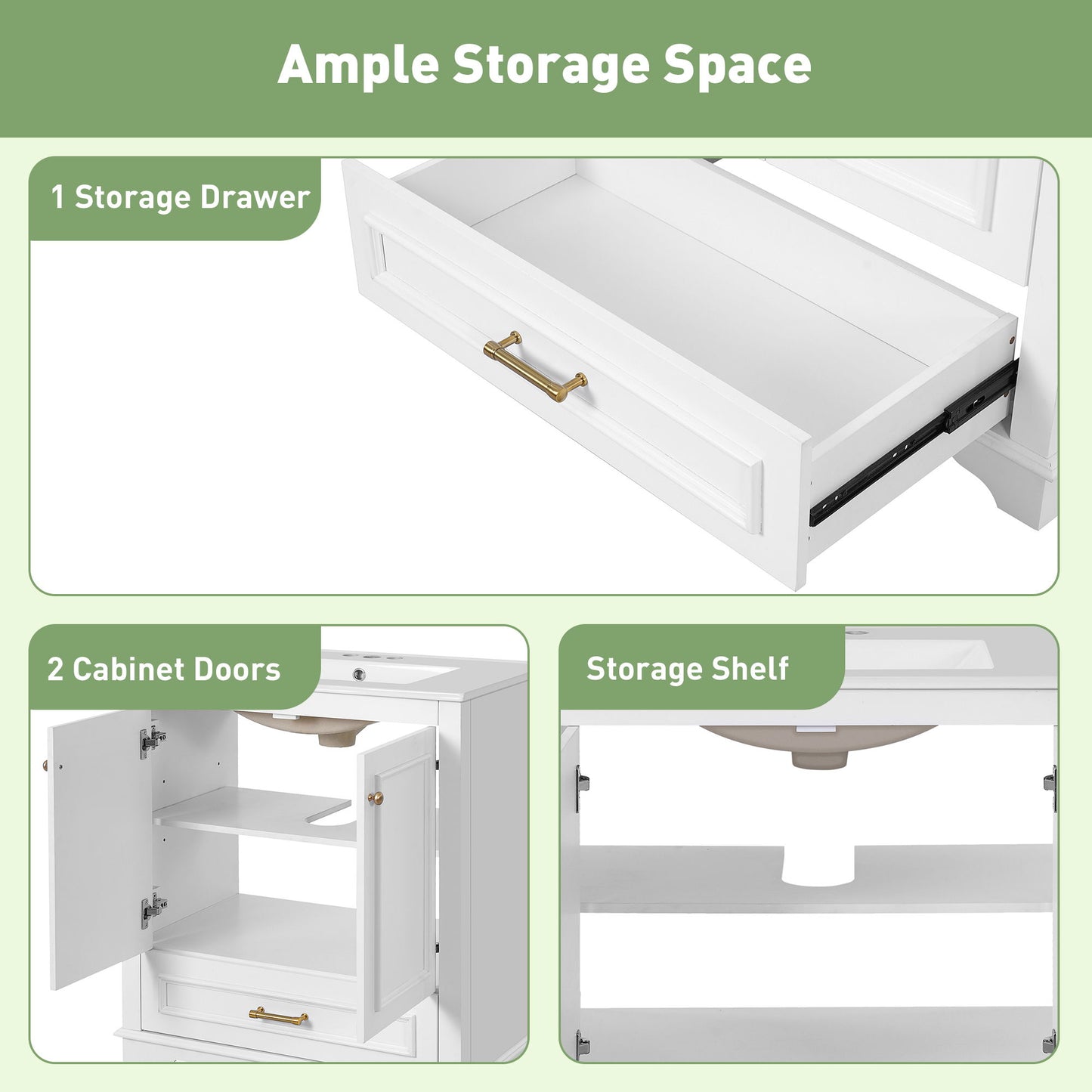 Bathroom Vanity With Sink, Cabinet & 2 Soft Closing Doors & Adjustable Shelf