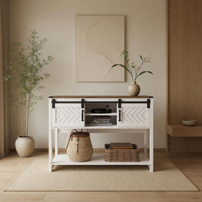 Entryway Table With Sliding Barn Door Storage - White / Oak