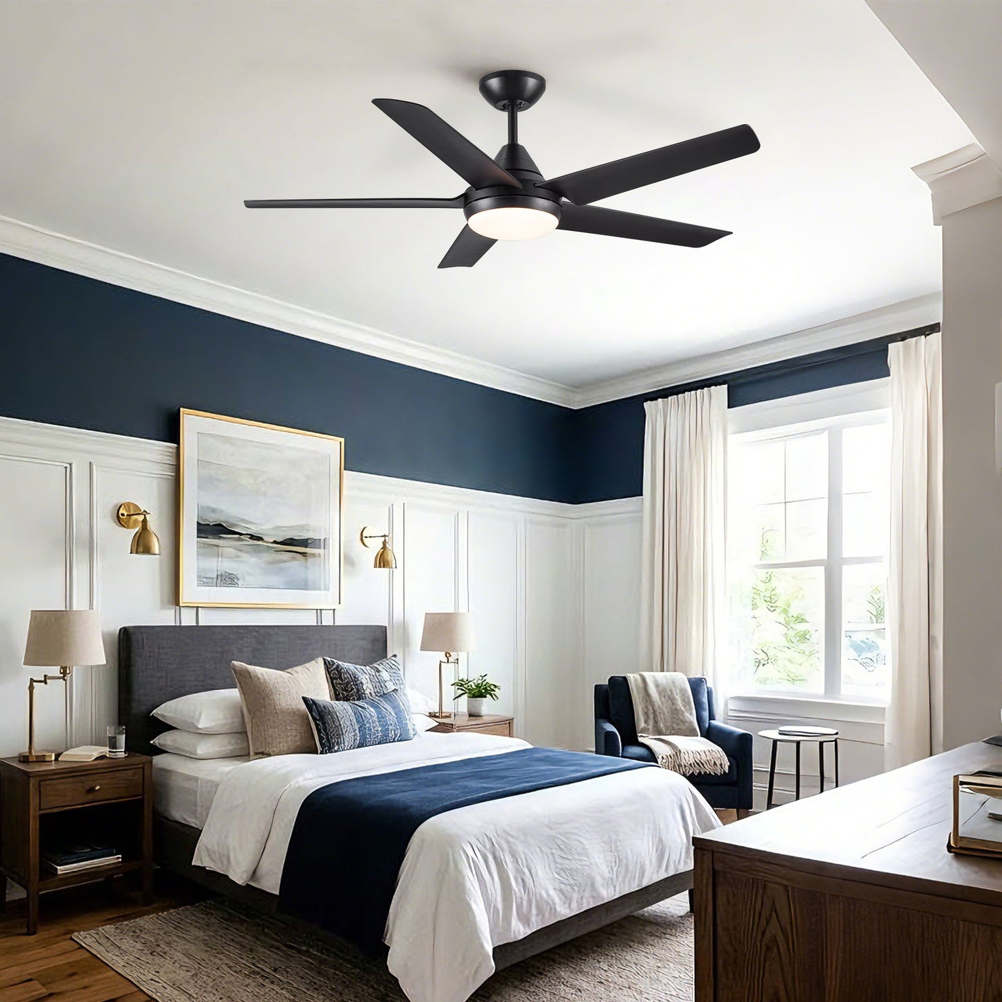 Ceiling Fan With Lights And Remote Control, Reversible DC Motor, 6 Speeds, 3 Cct Dimmable LED, Quiet Timer For Indoor - Black