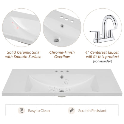 36" Single Bathroom Vanity Top With Undermount Basin, 3 Faucet Holes, Flat Edge - White