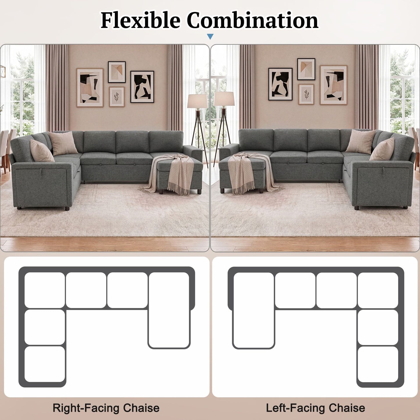U - Shaped Convertible Sectional Sofa Bed With Storage, USB Charger & Cup Holders
