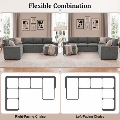 U - Shaped Convertible Sectional Sofa Bed With Storage, USB Charger & Cup Holders
