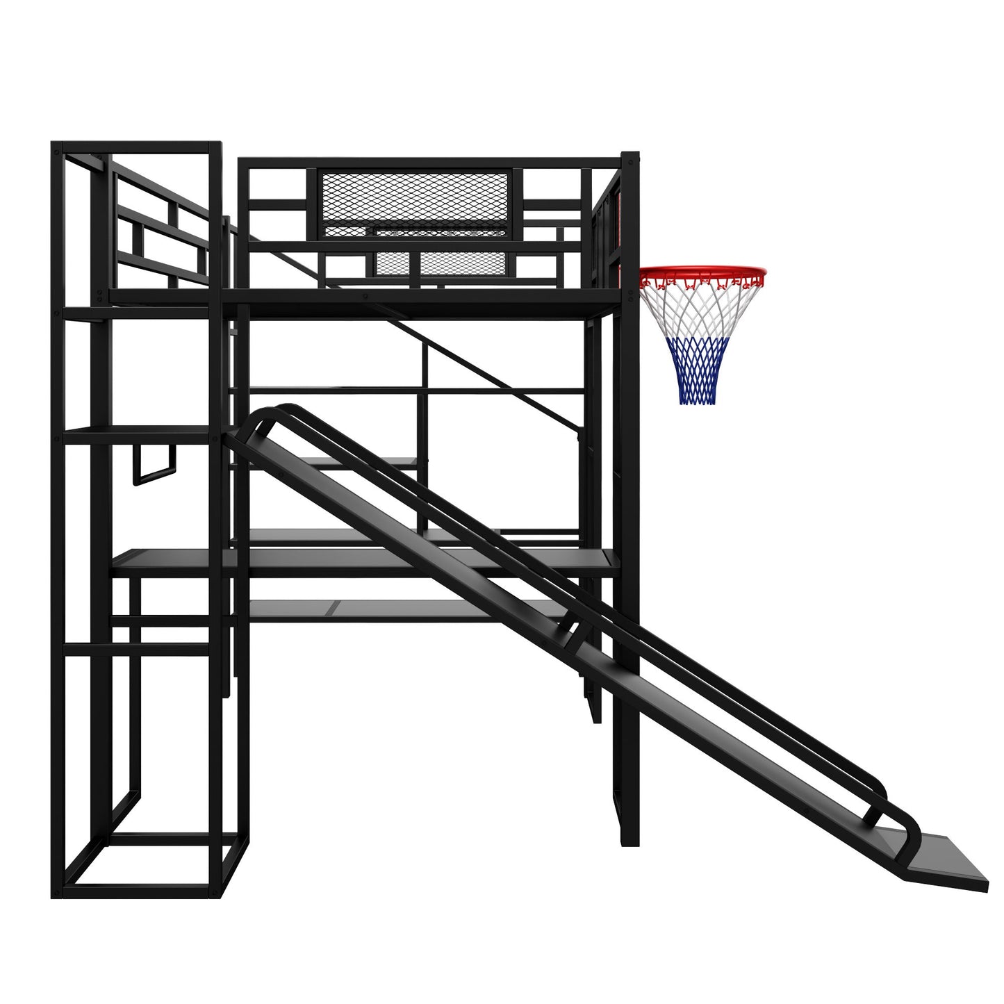 Loft Bed With Built In Desk, Open Wardrobe, Basketball Hoop, Slide And Staircase