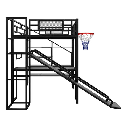 Loft Bed With Built In Desk, Open Wardrobe, Basketball Hoop, Slide And Staircase