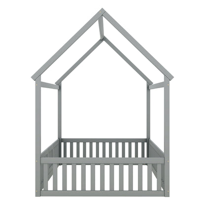 Wood House Bed With Fence And Door