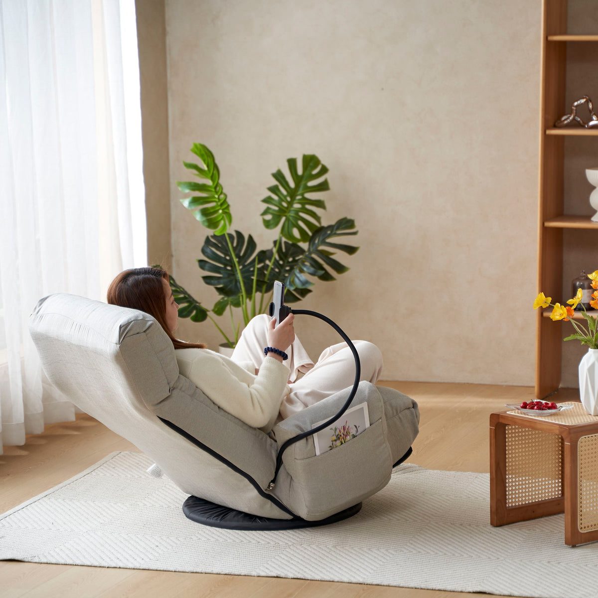 Adjustable Swivel Lounge Chair With 360 Degree Rotating Seat And Headrest Support