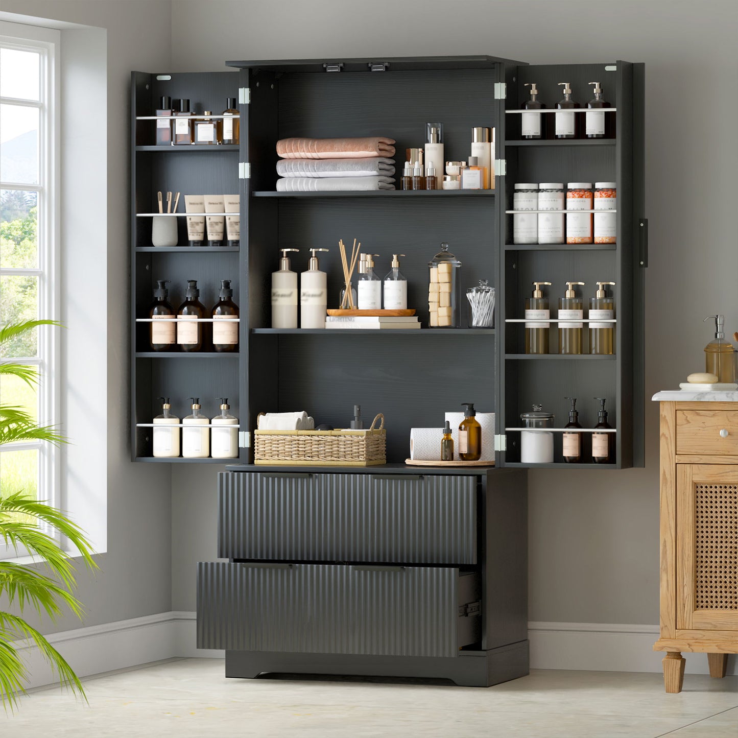 Fluted Kitchen Pantry Cabinet With 2 Large Drawers & 8 Door Spice Rack