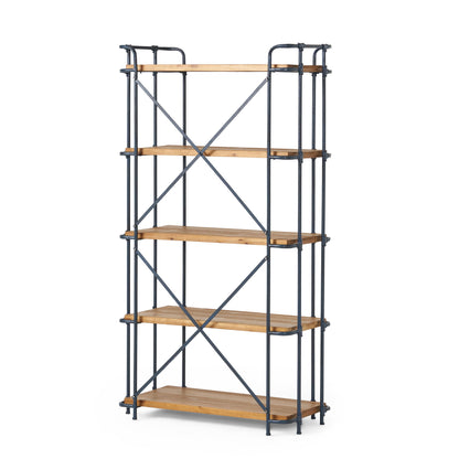 Yorktown - Industrial 5 Shelf Bookcase With Metal Pipework And Solid Fir - Natural