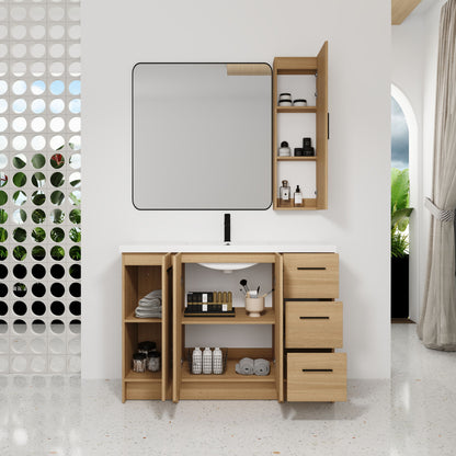Freestanding Bathroom Vanity Set With Tall Side Cabinet, 3 Drawers And 3 Door Cabinet, Integrated Sink, Large Storage - Glossy White / Light Oak