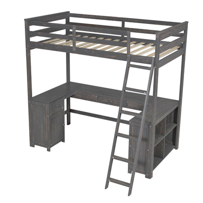 Loft Bed With U-Shaped Desk, Drawers, And Storage Shelves