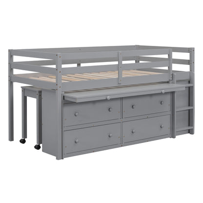 Loft Bed With Retractable Writing Desk And 4 Drawers, With Lateral Portable Desk And Shelves
