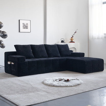 L - Shaped Sectional Sofa With Side Pockets, Wireless Charging, USB Ports, Cup Holder, Bluetooth Speaker, Reversible Lounge Chaise - Black