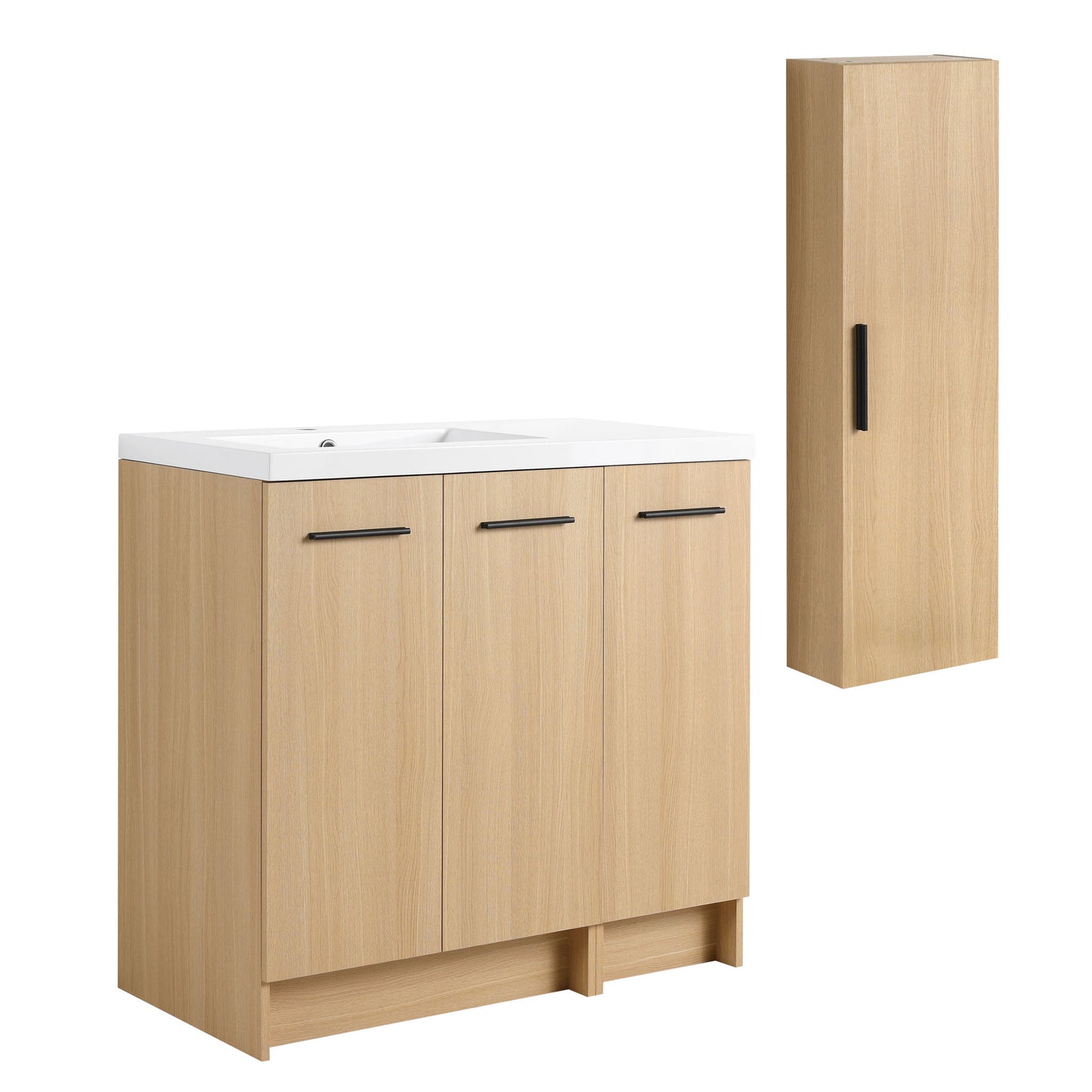 Freestanding Bathroom Vanity Set With Tall Linen Cabinet, 3 Door Storage Cabinet, Single Sink