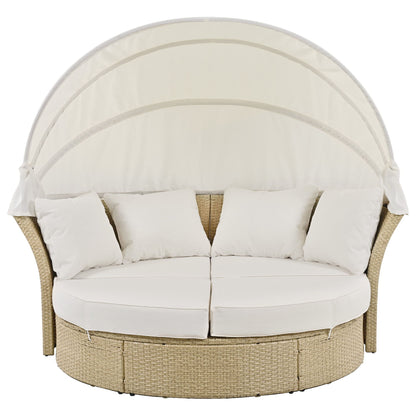 Outdoor Patio Daybed Wicker Rattan Double Daybed Round Sofa Furniture Set With Retractable Canopy, 4 Pillows For Lawn Garden