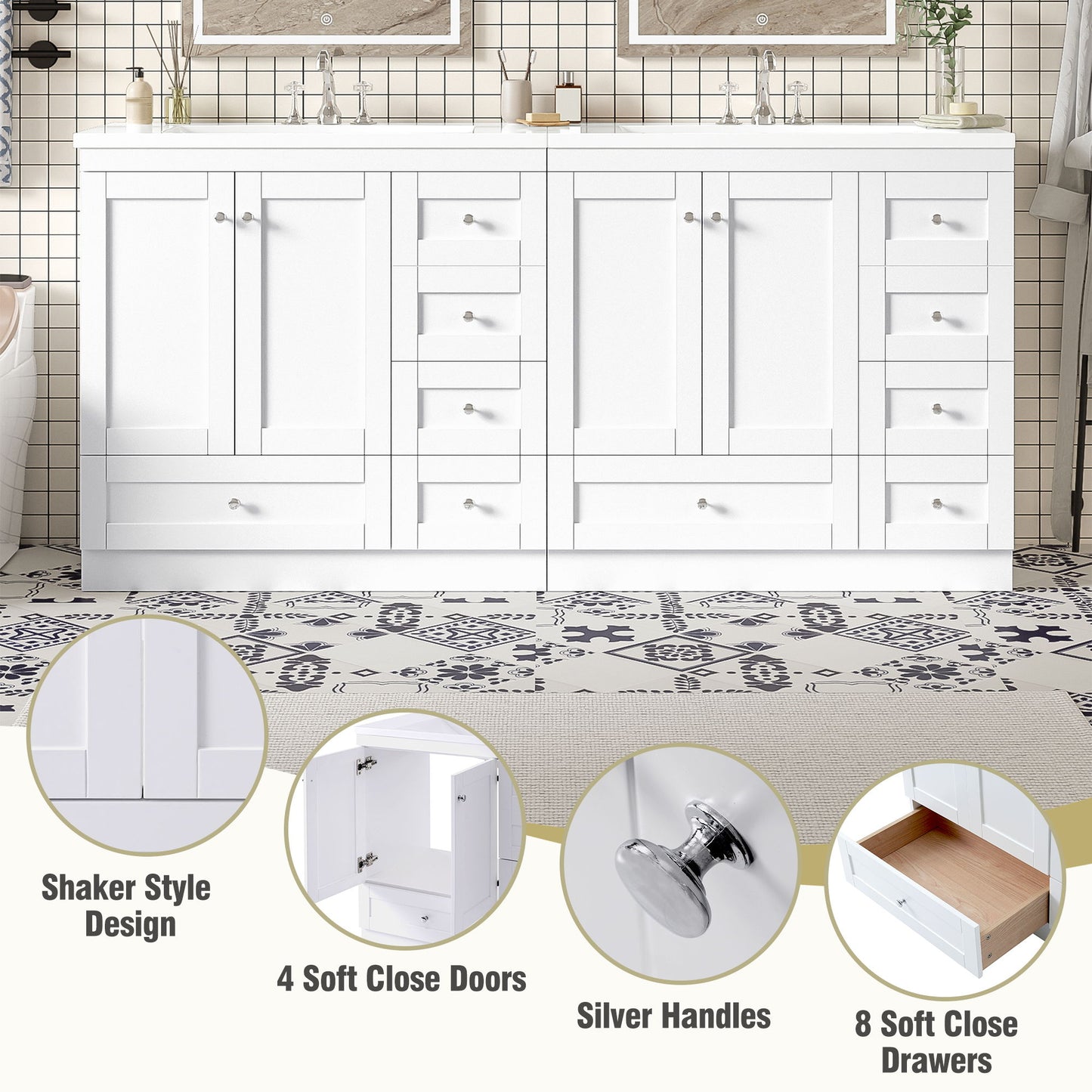 Shaker Free Standing Bathroom Vanity Cabinet & Sink, Soft Close Drawers, Soft Close Doors