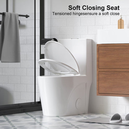 Glossy Tornado Flush 1 Piece Toilet With Dual Flush, Soft Close Seat - Gloss White