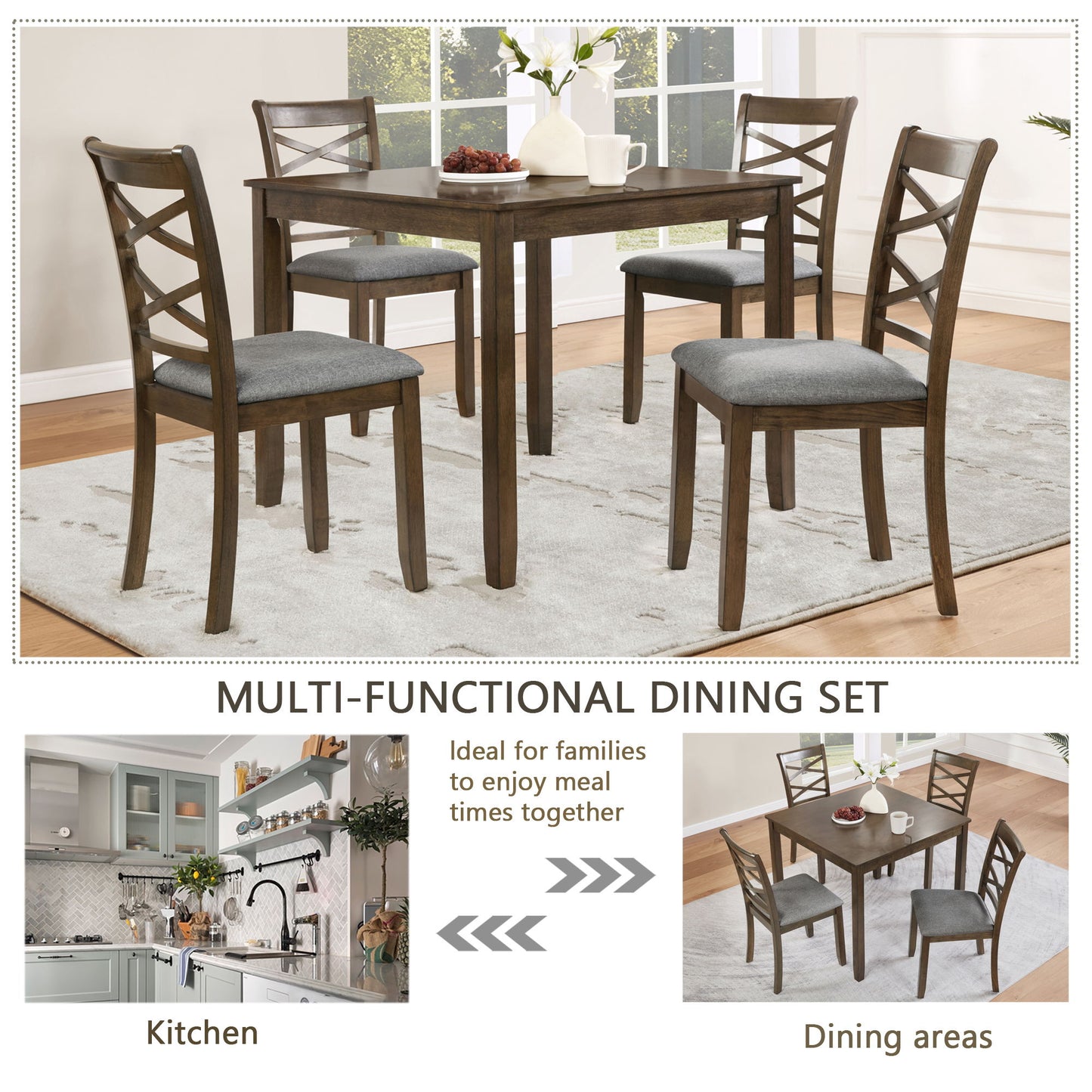 5 Piece Dining Table Set & 4 Chairs - Walnut