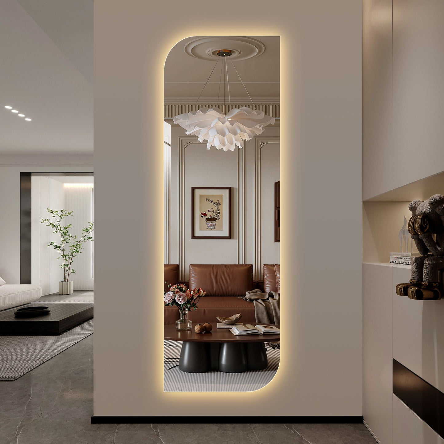 Irregular Shape LED Full Length Wall Mirror With 3 Color Dimmable Lighting - Silver