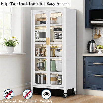 6 Tier Storage Cabinet With Transparent Door, Adjustable Shelves & Wheels