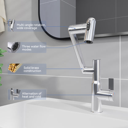 Bathroom Sink Faucet With Spray Function And Temperature Display, Anti Skid Switch, 360 Degree Rotary