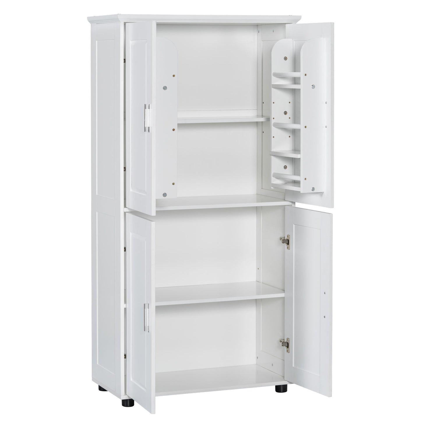 Tall And Wide Bathroom Floor Storage Cabinet With 4 Doors, Adjustable Shelves - White