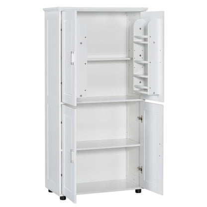 Tall And Wide Bathroom Floor Storage Cabinet With 4 Doors, Adjustable Shelves - White
