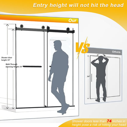 Frameless Double Sliding Shower Door, Tempered Glass, Explosion Proof Film, Square Tube Track - Brushed Gold