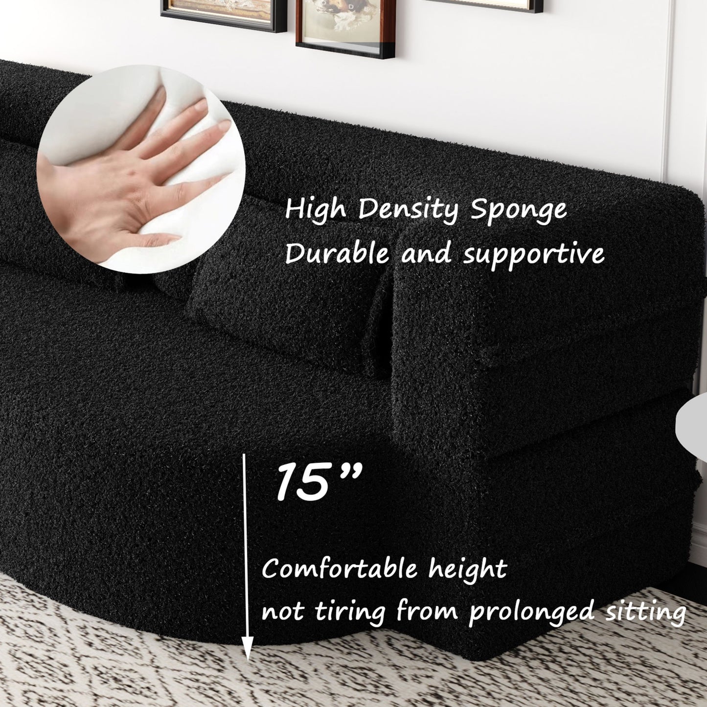 Modern Floor Sofa, With 2 Pillows, Convertible Teddy Fabric Foam Filled Bed