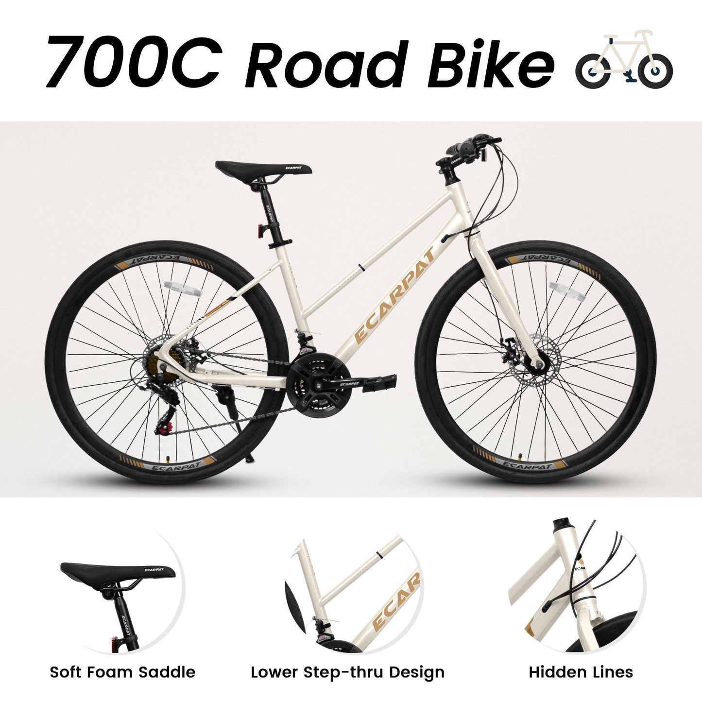 A28250 Road Bike With Aluminum Alloy Wheels, 21 Speed Gear System, Disc Brakes, Wide Tires