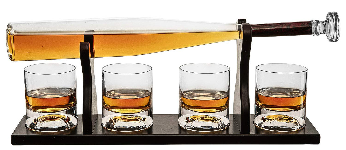 Baseball Bat Whiskey & Wine Decanter 4 Baseball Glasses, Spirits Set - Baseball Coach Gifts, Baseballs Lovers Coaches, Dad, Boyfriend, Brother, Friend Gift - For Whiskey & Wine (Standard Base)