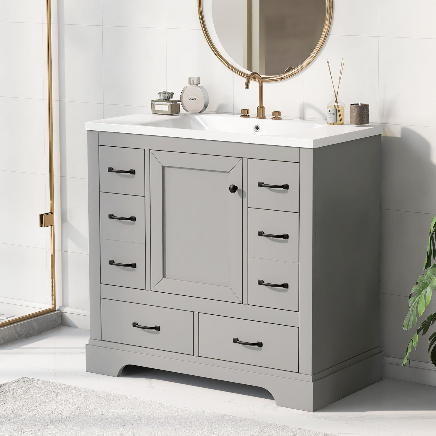 Modern Bathroom Vanity With Sink, 6 Drawers, Adjustable Shelf