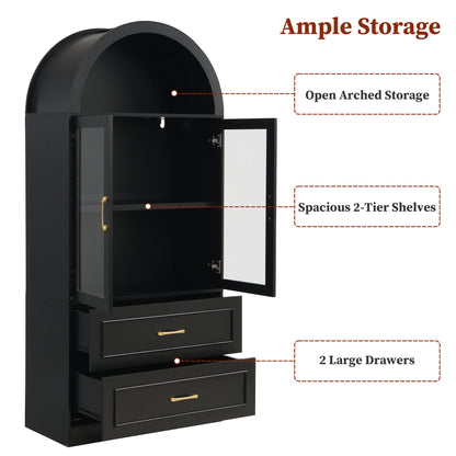 Arched Top Storage Cabinet With Fixed 2 Tier Shelves, 2 Large Drawers