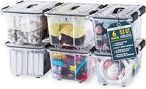 Lifemaster Stackable Storage Box Set - 6 Pieces 53 Quarts Multi-purpose, Space-Efficient Stackable Storage Boxes with Nestable Design, Secure Latches, Easy-Move Wheels & Pull-Out Base - Clear