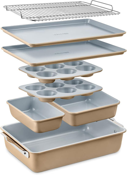 Bakken 8-Piece Stackable Bakeware Set - Ceramic Non-Stick Coating, Baking Sheets, Assorted Baking Pans, PTFE, PFOA & PFOS Free - Healthy Baking, Ergonomic Handles, Cooling Rack, Non-Toxic, Oven-Safe