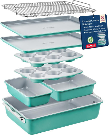 Bakken 8-Piece Stackable Bakeware Set - Ceramic Non-Stick Coating, Baking Sheets, Assorted Baking Pans, PTFE, PFOA & PFOS Free - Healthy Baking, Ergonomic Handles, Cooling Rack, Non-Toxic, Oven-Safe