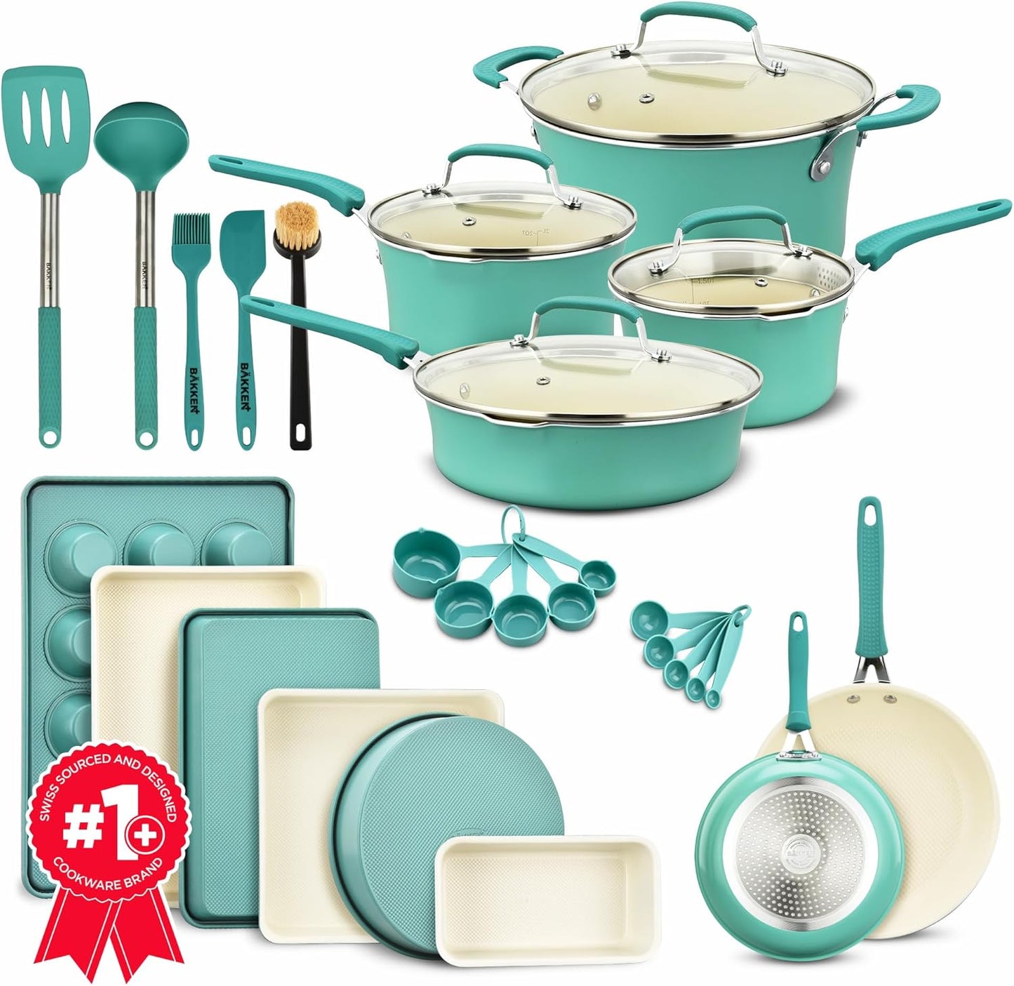 Cookware Set – 23 Piece –Aqua Multi-Sized Cooking Pots with Lids, Skillet Fry Pans and Bakeware – Reinforced Pressed Aluminum Metal - Suitable for Gas, Electric, Ceramic and Induction by BAKKEN Swiss