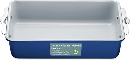 Premium Non-Stick Ceramic 8"x15.5" Rectangle Pan - Aluminized Steel with Ceramic Non-Stick Coating, PFOA & PFAS Free - Non-Toxic, Perfect for Lasagnas, Brownies, and More - Blue