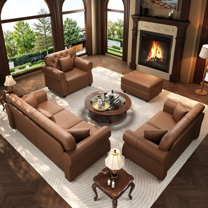 Upholstered Sofa With Nailhead Trim, Rolled Armrests With Ottoman