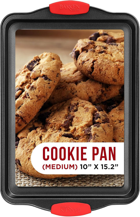 Nonstick Cookie Sheet Pan Carbon Steel Oven Tray Sheet Pan with Red Silicone Handles -Medium Bakeware Pan Tray with Gray Coating Inside & Outside