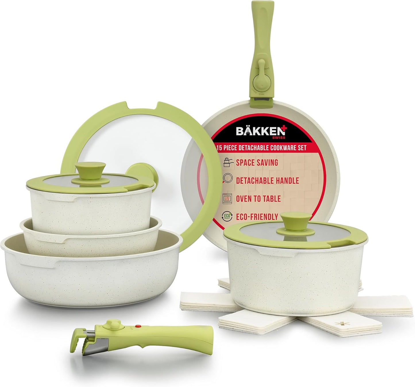 Bakken-Swiss Detachable 15-Piece Cookware Set – Granite Non-Stick – Eco-Friendly – stackable Removable Handles – for All Stoves & Oven-Safe - Green/cream color