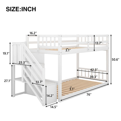 Twin Over Twin Floor Bunk Bed, Ladder With Storage