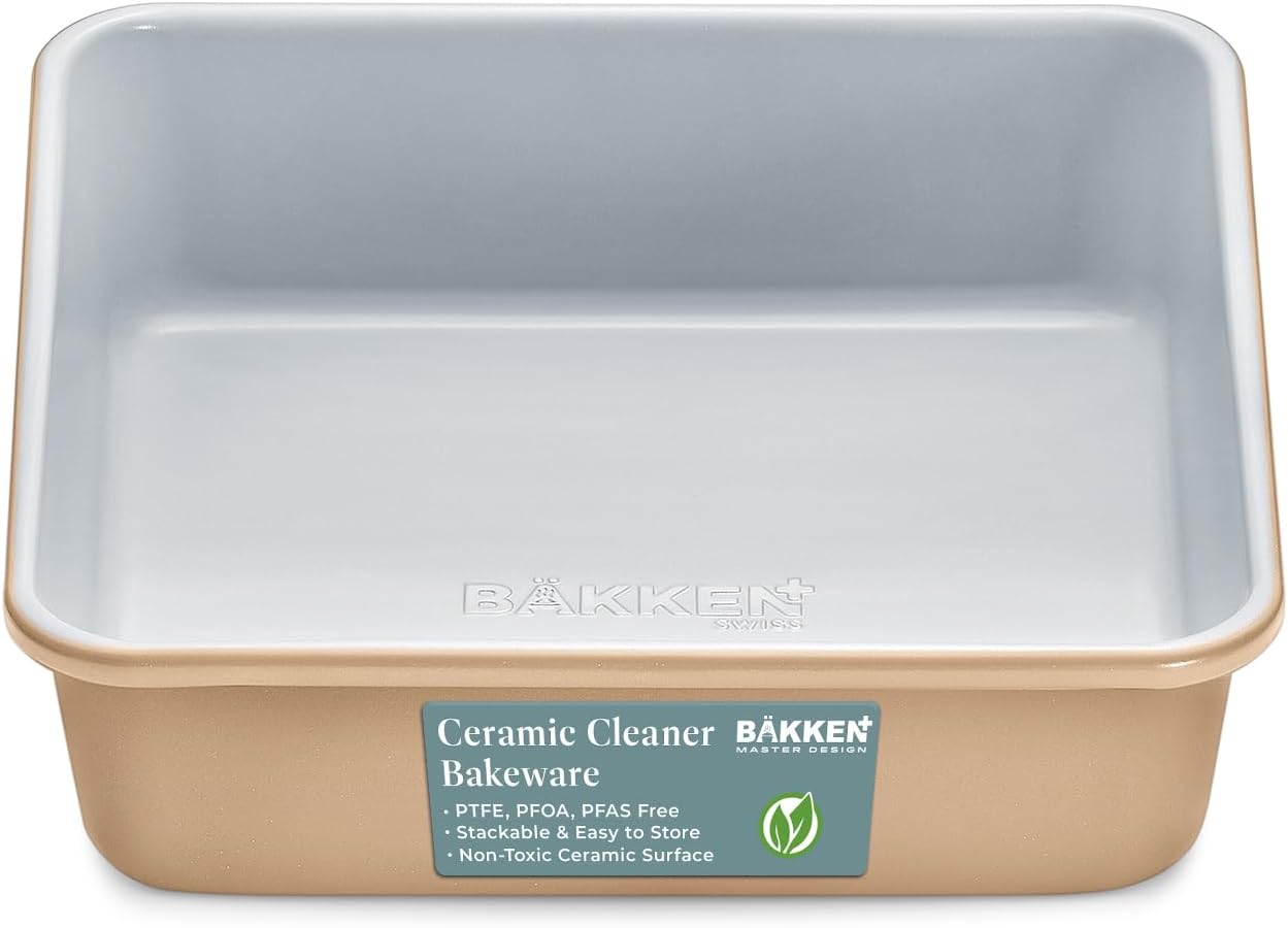 BAKKENMASTER Square Cake Pan - Aluminized Steel, Ceramic Non-Stick Coating, Non-Toxic, Ideal Size, Heavy-Duty, Elevate Your Baking with Durability and Style