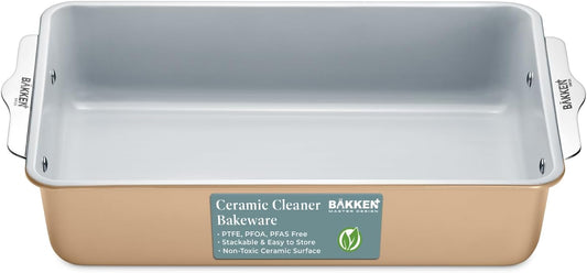 Premium Non-Stick Ceramic 8"x15.5" Rectangle Pan - Aluminized Steel with Ceramic Non-Stick Coating, PFOA & PFAS Free - Non-Toxic, Perfect for Lasagnas, Brownies, and More - Brown