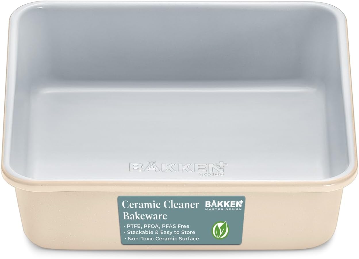BAKKENMASTER Square Cake Pan - Aluminized Steel, Ceramic Non-Stick Coating, Non-Toxic, Ideal Size, Heavy-Duty, Elevate Your Baking with Durability and Style