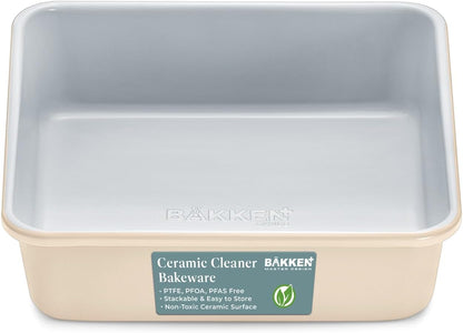 BAKKENMASTER Square Cake Pan - Aluminized Steel, Ceramic Non-Stick Coating, Non-Toxic, Ideal Size, Heavy-Duty, Elevate Your Baking with Durability and Style