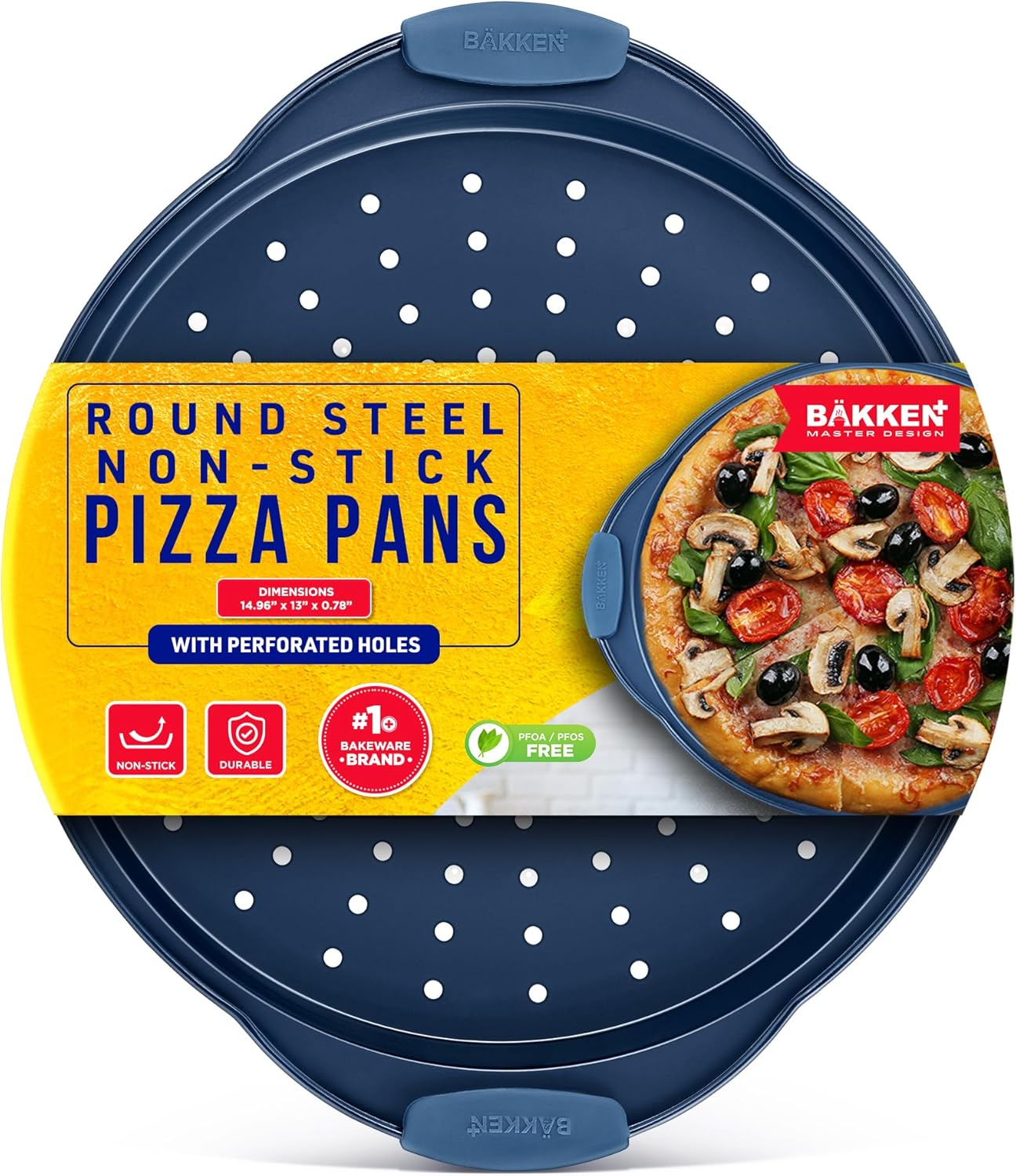 Bakken Pizza Baking Pan - Round Perforated Carbon Steel Pan with Non-Stick Marble Coating, Oversized Silicone Handle, Dishwasher Safe, High-Temperature Resistant, Durable and Easy Cleanup - Blue