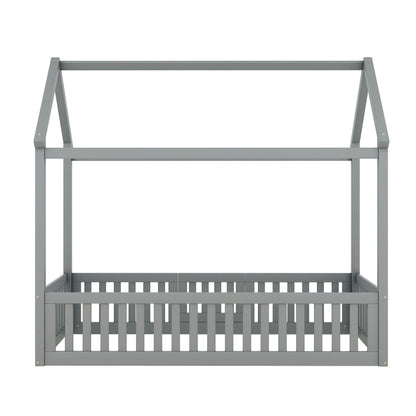 Wood House Bed With Fence And Door