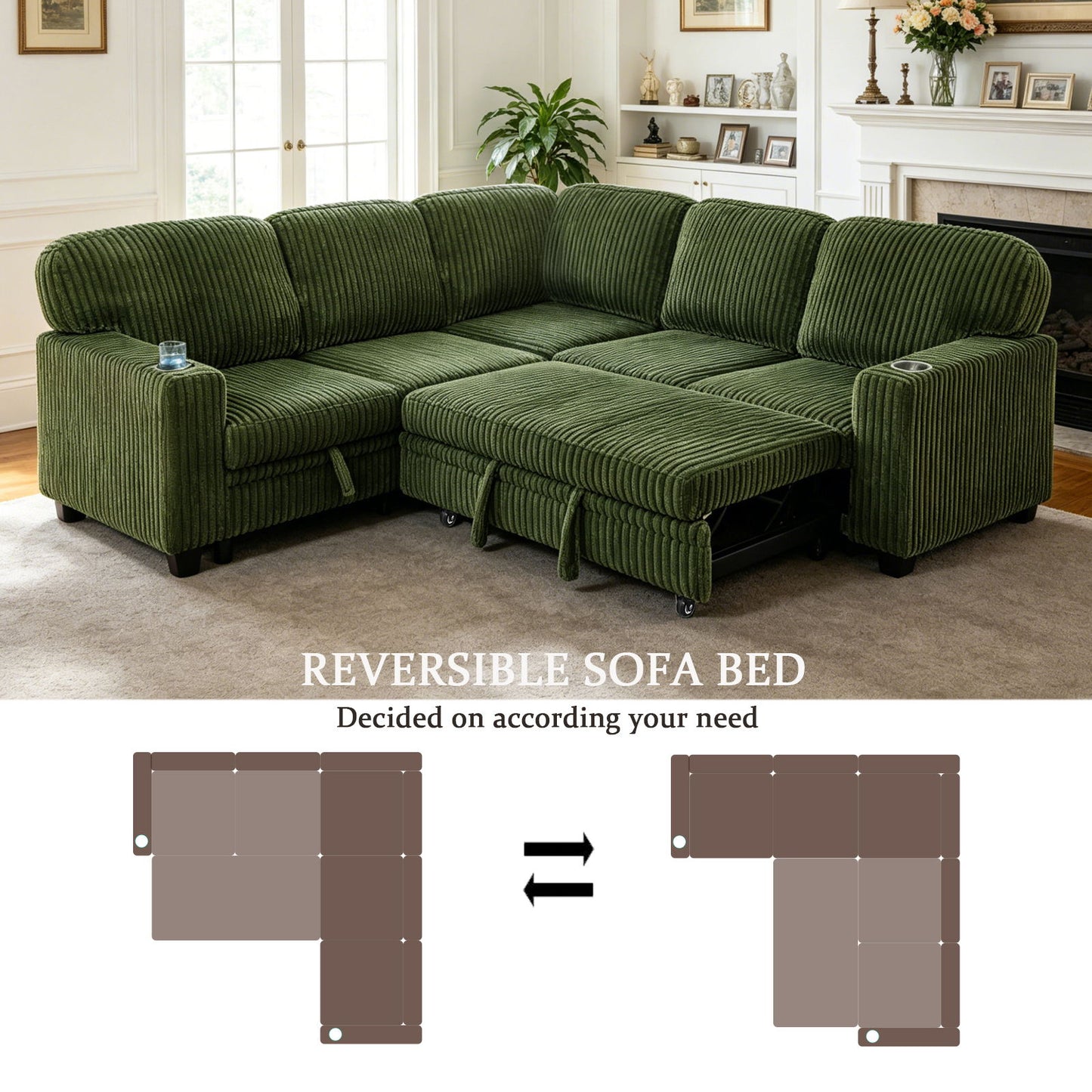 L-Shaped Sofa With Pull Out Sofa Bed With USB